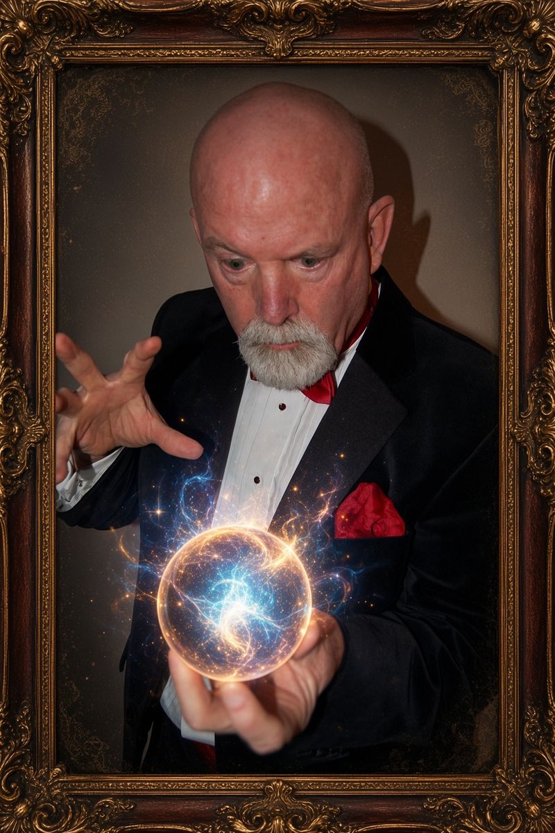 The Great Baldini, a Rhode Island magician in a suit with his arms out in a showman's gesture